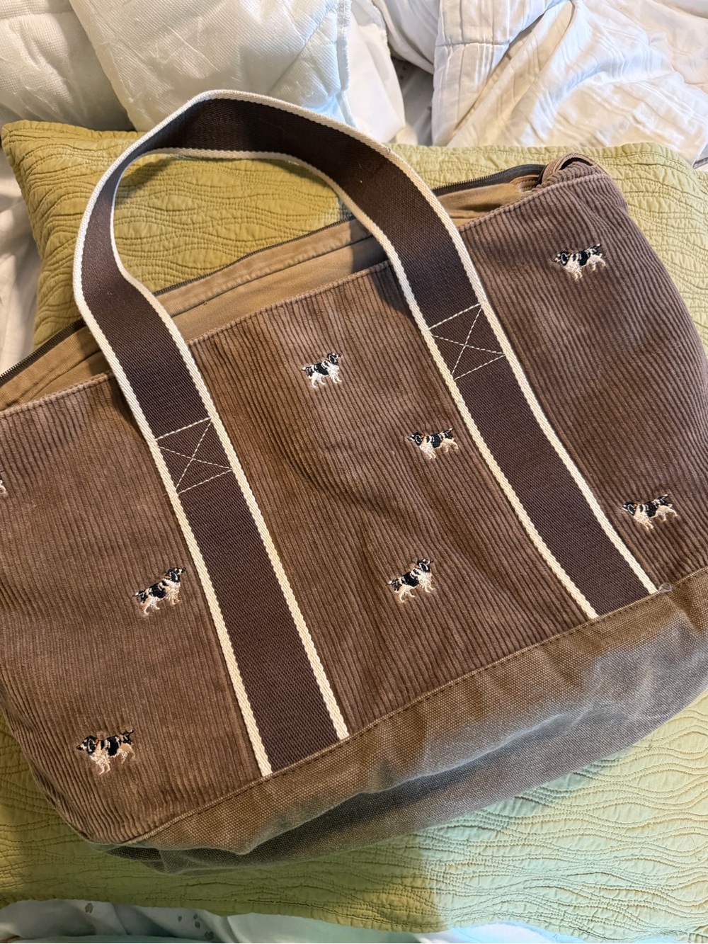 LL Bean Rare Corduroy Tote Bag with Embroidered Dogs